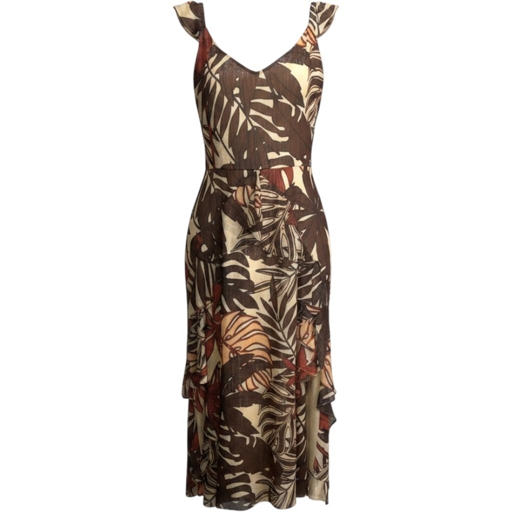 Siena Tropical Palm Print Ruffle Midi Dress Brown Metallic SAWP2718 Plus Size 2X